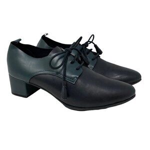All Black Women's Oxford Shoes Block Heels Leather Lace Up Tassel Career 9 Eu 39